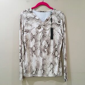 Elie Tahari Snake Print Blouse Top Cream Beige Stretch Size Small New